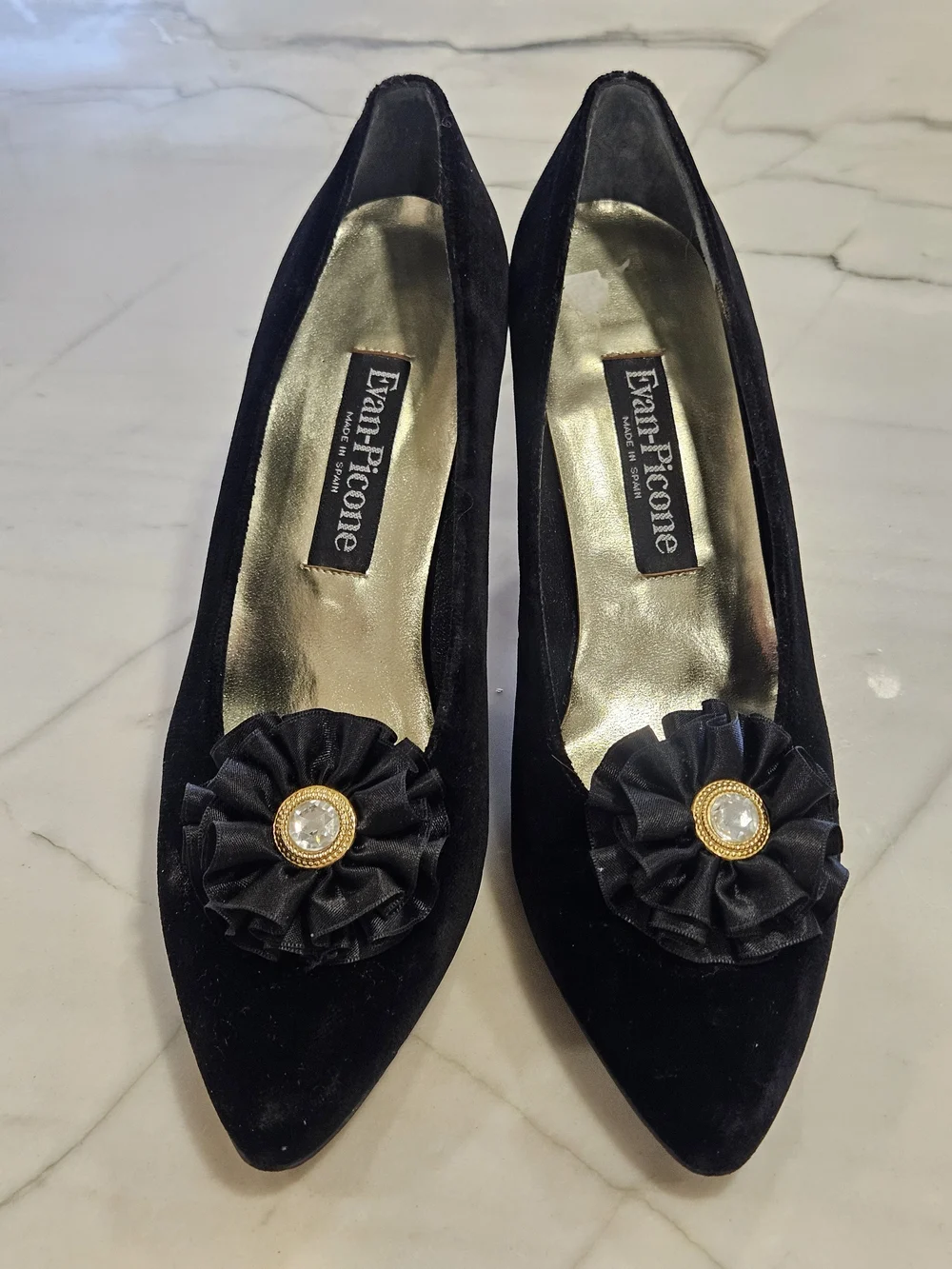 Vintage Evan-Picone Black Velvet Evening Pumps with Crystal Flower Accents